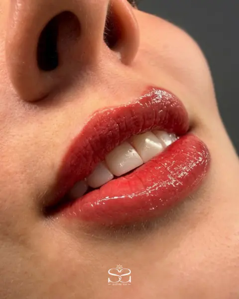 Labios con micropigmentación en rojo intenso